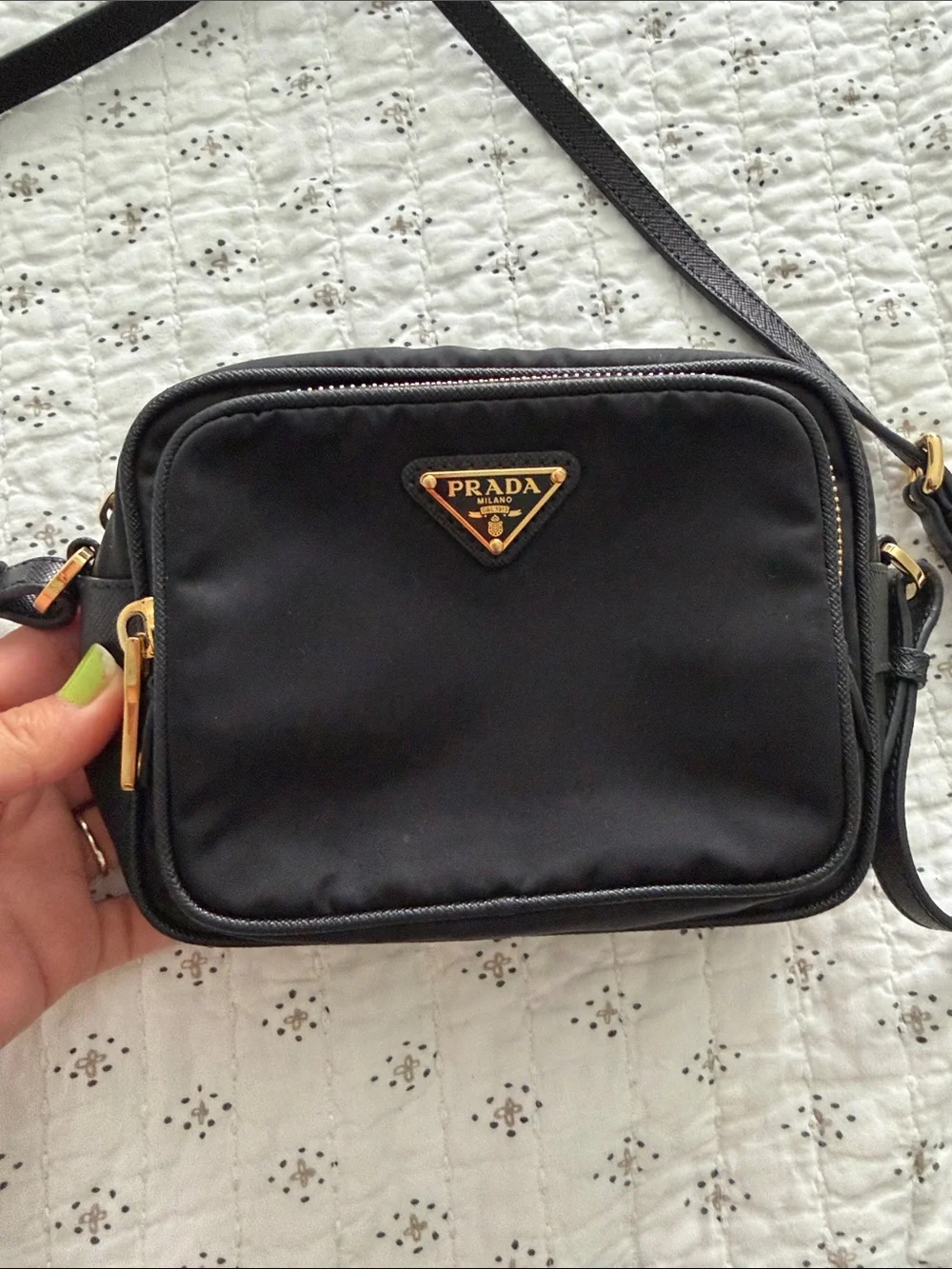 Authentic Prada Mini Nylon Vela Saffiano Double Zip  CrossBody Bag
